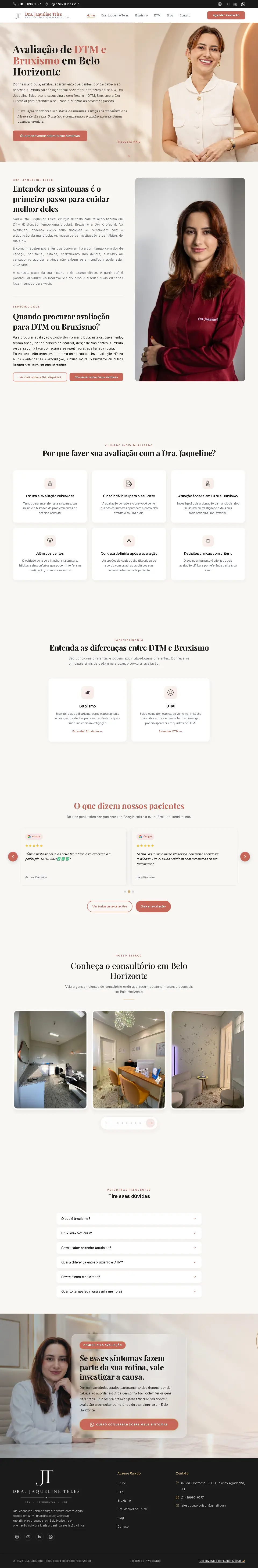 Página inicial do site da Dra. Jaqueline Teles: avaliação de DTM e bruxismo em Belo Horizonte, sintomas, avaliações do Google, fotos do consultório e perguntas frequentes