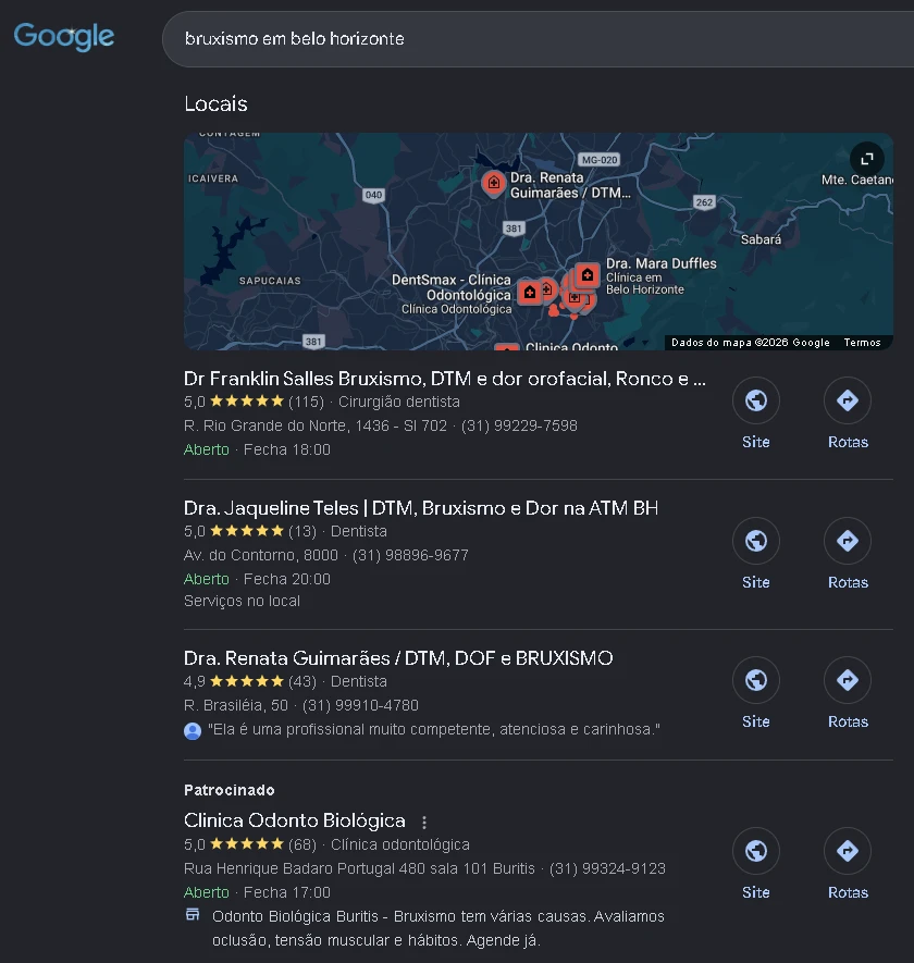Resultado do Google para bruxismo em belo horizonte: Dra. Jaqueline Teles aparece em segundo lugar no mapa, com nota 5,0